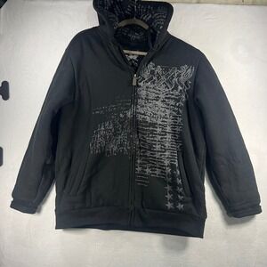 Machine Clothing Co Black Graphic Quilted Zip Up Hoodie Sherpa Lined Size L Y2K